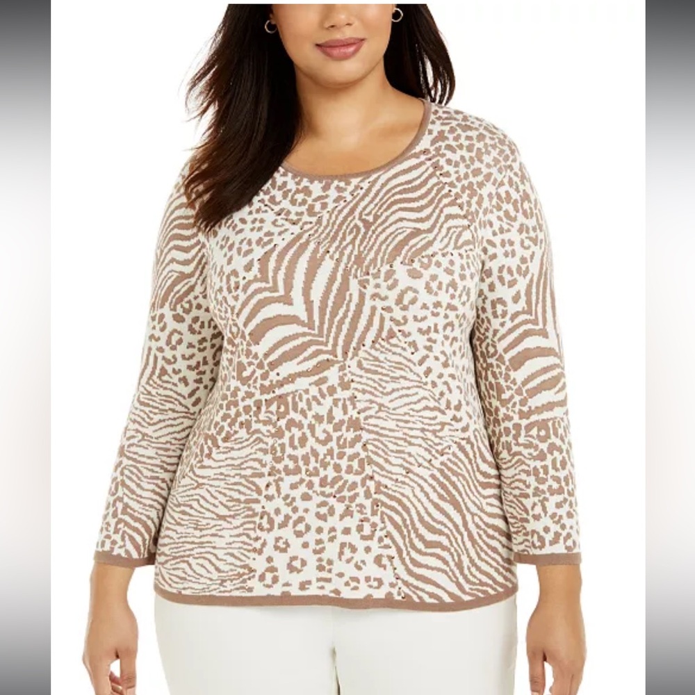 NWT Alfred Dunner Toast First Frost Animal Print Pullover Sweater Size 2X